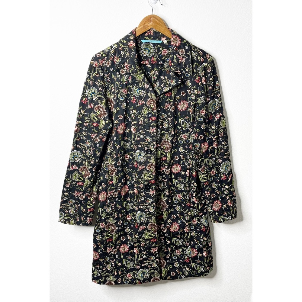 Johnny Was Floral Embroidered Black Button Front Coat Jacket Womens Size L